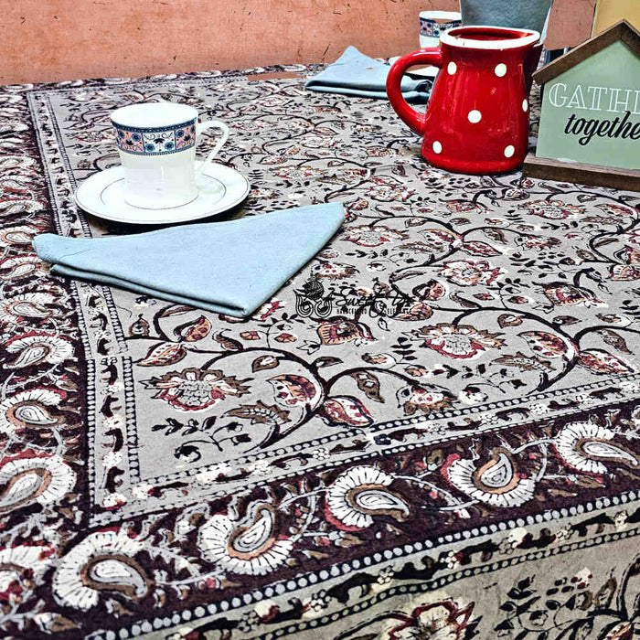 Floral Vogue Block Print Cotton Tablecloth Collection, Espresso Ash - Sweet Us