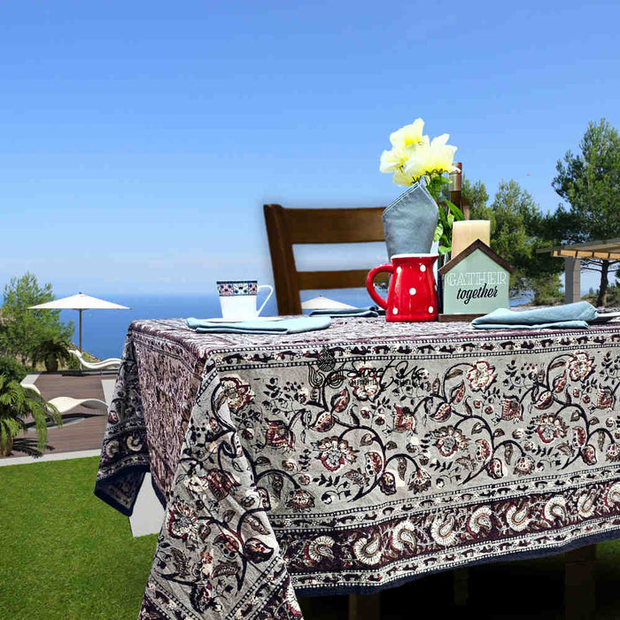 Floral Vogue Block Print Cotton Tablecloth Collection, Espresso Ash - Sweet Us