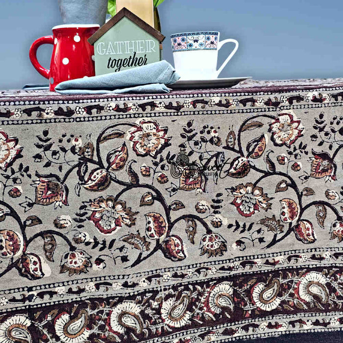 Floral Vogue Block Print Cotton Tablecloth Collection, Espresso Ash - Sweet Us