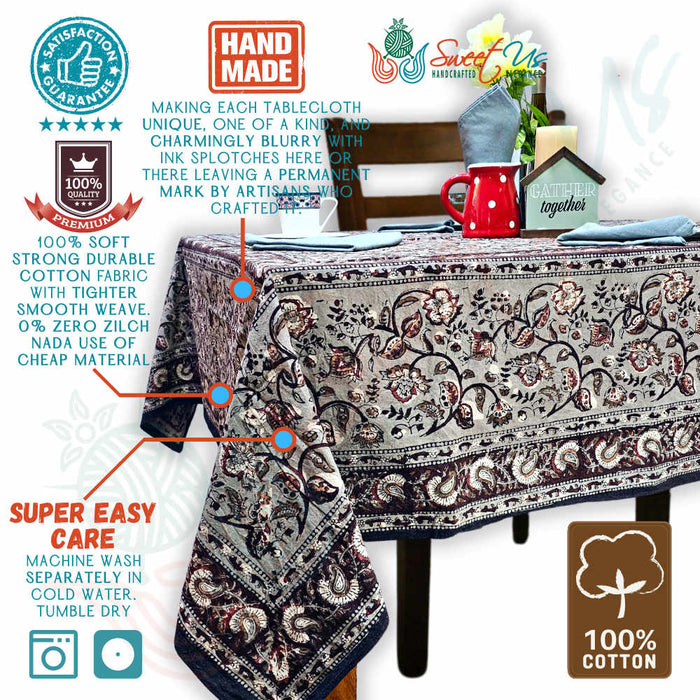 Floral Vogue Block Print Cotton Tablecloth Collection, Espresso Ash - Sweet Us