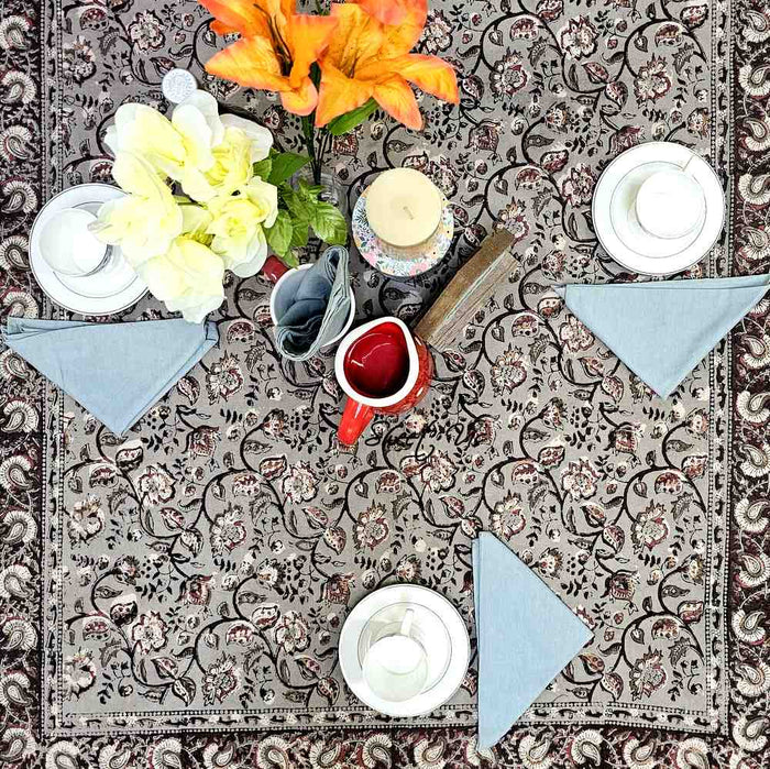 Floral Vogue Block Print Cotton Tablecloth Collection, Espresso Ash - Sweet Us