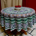 Elephant and Peacock Print Cotton Floral Tablecloth Round 69 inches Green Red - Sweet Us