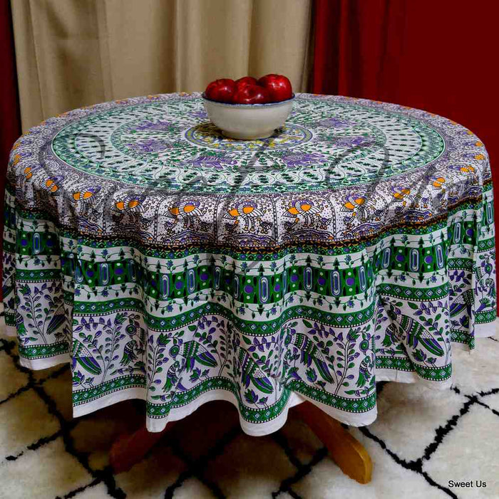 Elephant and Peacock Print Cotton Floral Tablecloth Round 69 inches Green Red - Sweet Us