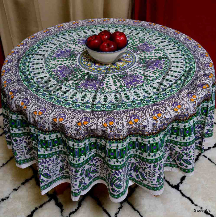 Elephant and Peacock Print Cotton Floral Tablecloth Round 69 inches Green Red - Sweet Us