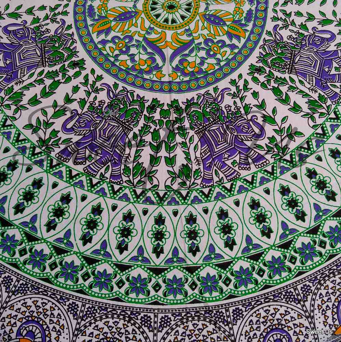 Elephant and Peacock Print Cotton Floral Tablecloth Round 69 inches Green Red - Sweet Us