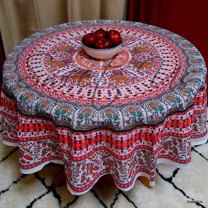 Elephant and Peacock Print Cotton Floral Tablecloth Round 69 inches Green Red - Sweet Us