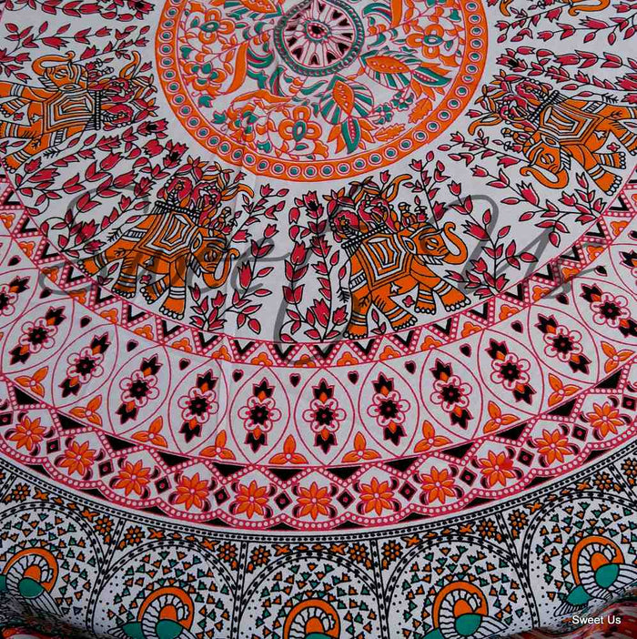 Elephant and Peacock Print Cotton Floral Tablecloth Round 69 inches Green Red - Sweet Us