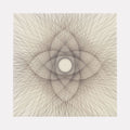 Empty Void 22 by Jayoung Yoon: Intricate geometric pattern created with delicate hair strands radiating from a luminous white center, forming overlapping star-like shapes. Fine lines in grayscale create a mesmerizing depth effect on cream-colored panel, combining artists hair and acrylic medium.