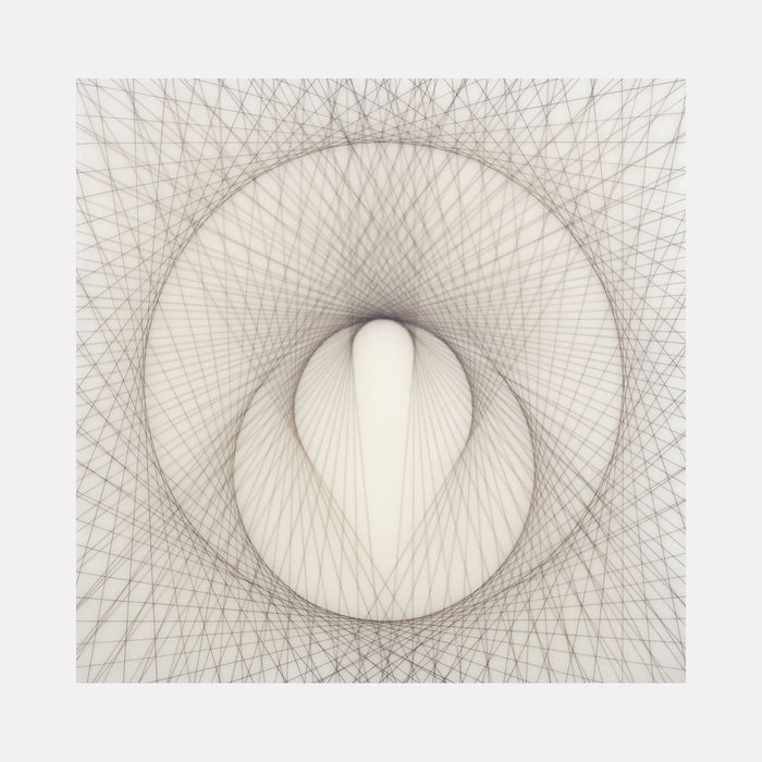 The artwork 'Empty Void 28' by Jayoung Yoon features an intricate geometric pattern of intersecting gray lines forming a circular tunnel effect on a white background. The center reveals a luminous oval shape, created with delicate hair strands and acrylic medium, radiating outward in a mesmerizing spiral pattern that suggests depth and movement.