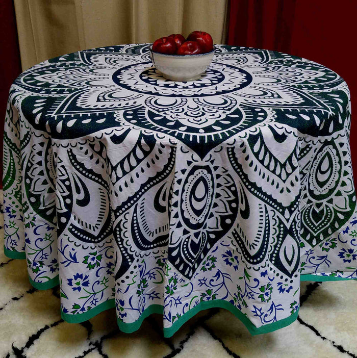 Cotton Blooming Floral Tablecloth Round 81-inch Beach Sheet Beach Throw Green Blue - Sweet Us