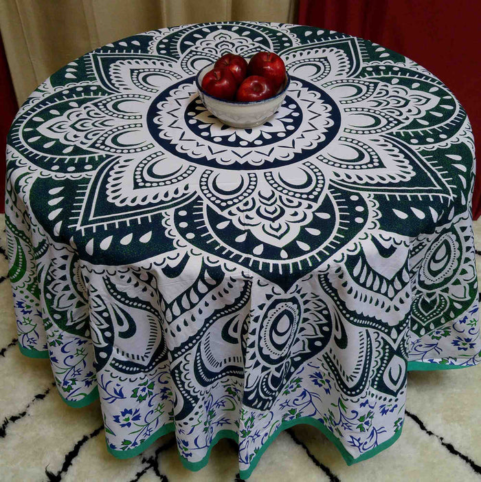 Cotton Blooming Floral Tablecloth Round 81-inch Beach Sheet Beach Throw Green Blue - Sweet Us
