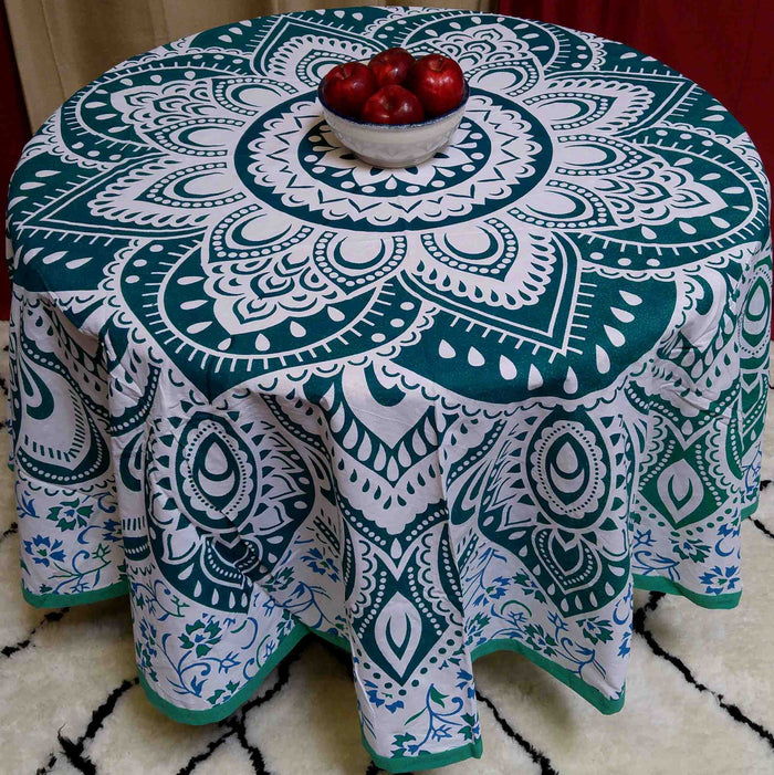 Cotton Blooming Floral Tablecloth Round 81-inch Beach Sheet Beach Throw Green Blue - Sweet Us