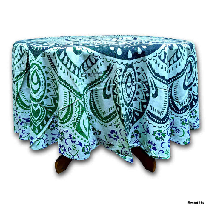 Cotton Blooming Floral Tablecloth Round 81-inch Beach Sheet Beach Throw Green Blue - Sweet Us