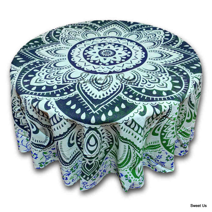 Cotton Blooming Floral Tablecloth Round 81-inch Beach Sheet Beach Throw Green Blue - Sweet Us