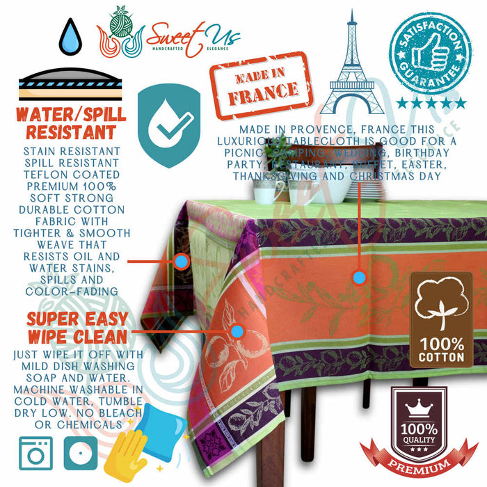 Wipeable Spill Resistant French Floral Cotton Jacquard Tablecloth Rectangle Green - Sweet Us
