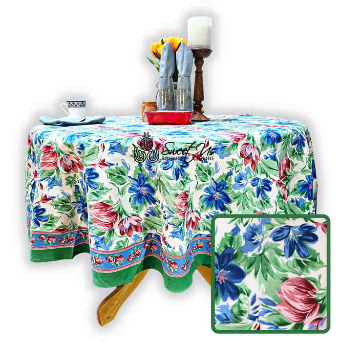 Fleur De Lush Floral Cotton Tablecloth Round Green Blue, Table Linen - Sweet Us