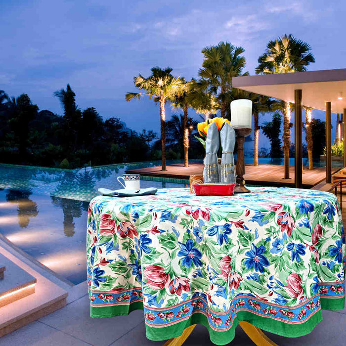 Fleur De Lush Floral Cotton Tablecloth Round Green Blue, Table Linen - Sweet Us
