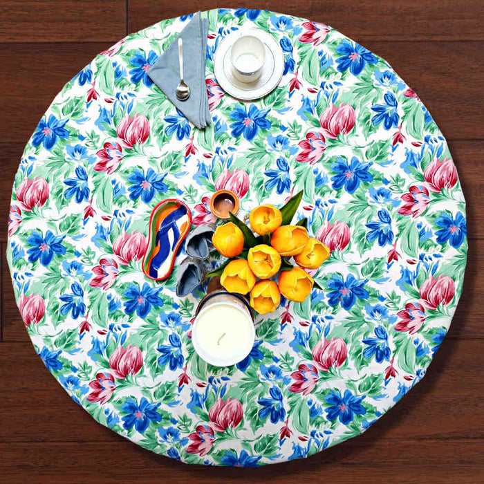 Fleur De Lush Floral Cotton Tablecloth Round Green Blue, Table Linen - Sweet Us