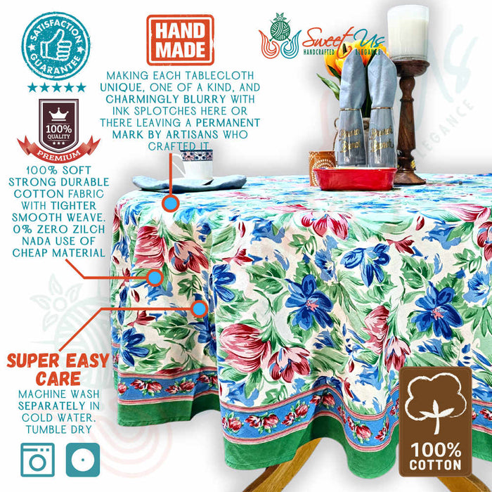 Fleur De Lush Floral Cotton Tablecloth Round Green Blue, Table Linen - Sweet Us