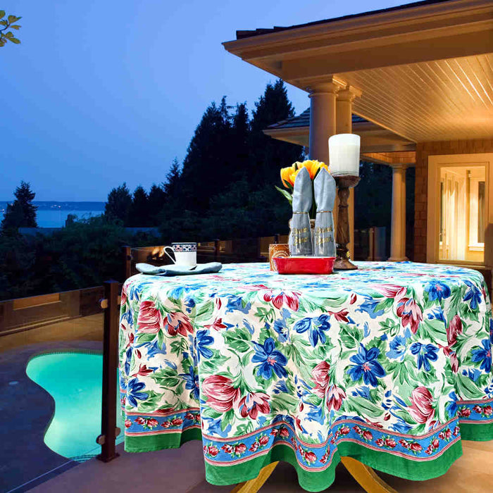 Fleur De Lush Floral Cotton Tablecloth Round Green Blue, Table Linen - Sweet Us