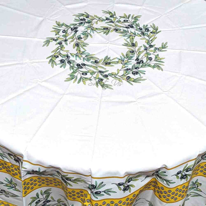 Fleur Oliviers Coated French Tablecloth Round, Saffron Vale - Sweet Us