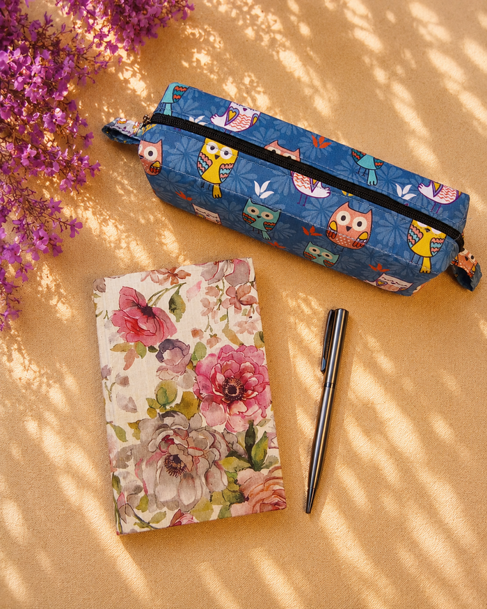 Floral Print Cream Diary & Owl Pencil Pouch Desk Calm Set