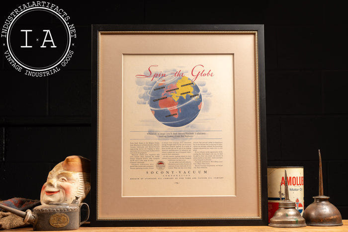 Framed Socony Vacuum Oil Spin The Globe Ad
