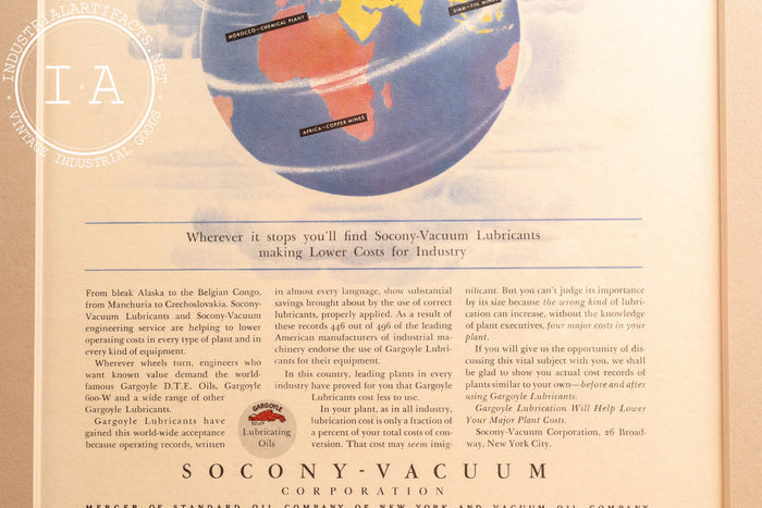Framed Socony Vacuum Oil Spin The Globe Ad