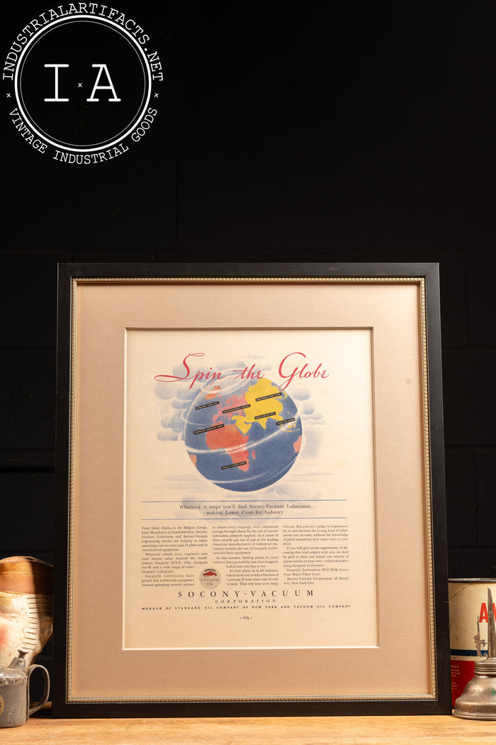 Framed Socony Vacuum Oil Spin The Globe Ad