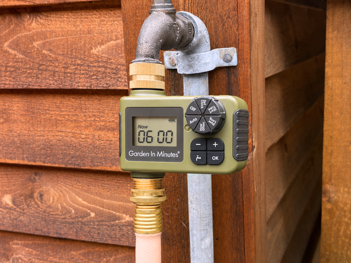 Garden In Minutes 1 zone watering timer attached to an outdoor faucet