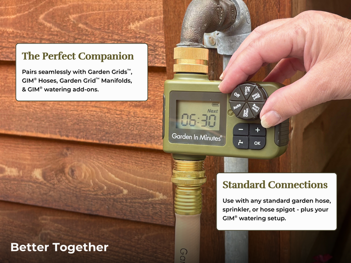 Hand adjusting a Garden In Minutes watering timer connected to a hose spigot noting compatibility with Garden Grids, Manifold, Hoses, sprinklers, all GIM Add-ons and other garden hose thread items