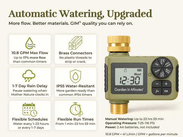 GIM Automatic Hose Timer - 1 Zone with features including 10.8 GPM max flow, brass connectors, 1-7 day rain delay, IP55 water-resistant