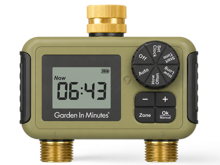 GIM Automatic Hose Timer - 2 Zone, with a digital display showing 06:43, a control dial, two brass hose connectors and brass female hose connector