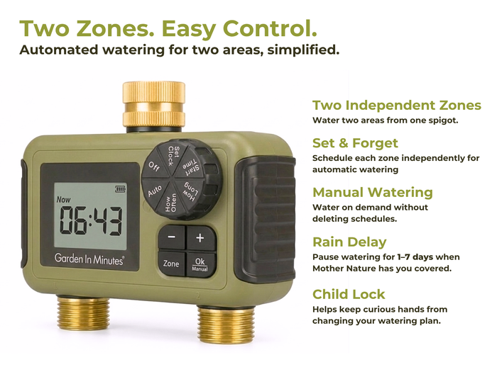 Garden In Minutes two-zone timer with digital display and control dial