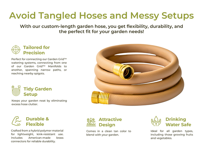 GIM Custom-Length Garden Hoses coiled with brass fittings, text describes features like precision, tidy setup, durability, tan color for a attractive design, and drinking water safe