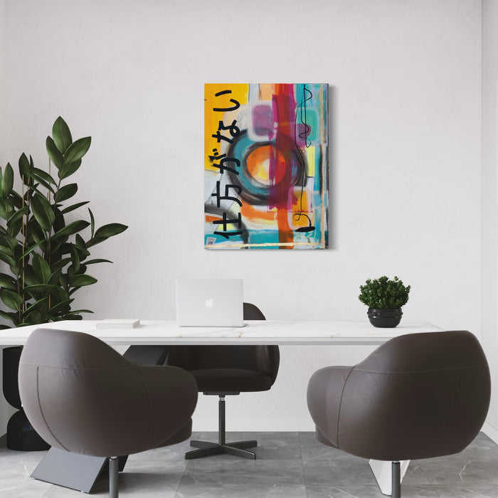 The artwork 'Giornata I - Shikata Ga Nai' by Hazal Ozturk features vibrant abstract composition with bold geometric shapes and Japanese calligraphy elements. A striking red circular form dominates the center, set against yellow and turquoise backgrounds. Gold leaf accents complement the acrylic painting's dynamic brushstrokes and color transitions on 40x30 inch canvas.
