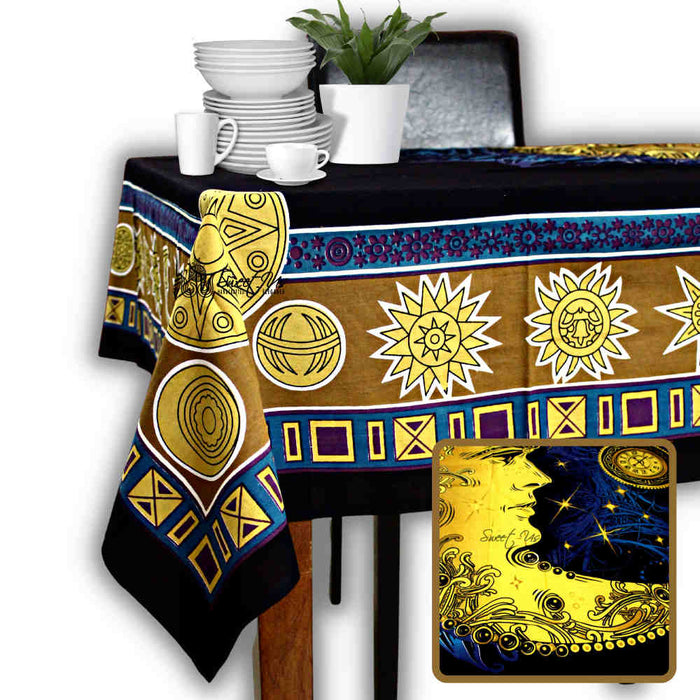 Golden Moon Cotton Tablecloth Rectangle Cosmic Blue Dining Linen - Sweet Us