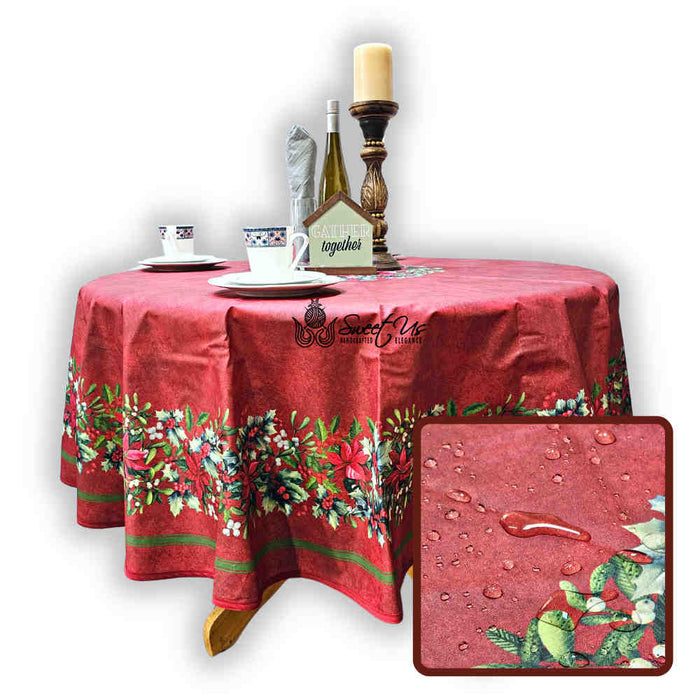 Guirlande d'Hiver Spill-Resistant Bordered Round Tablecloth — Rouge Cardinal - Sweet Us