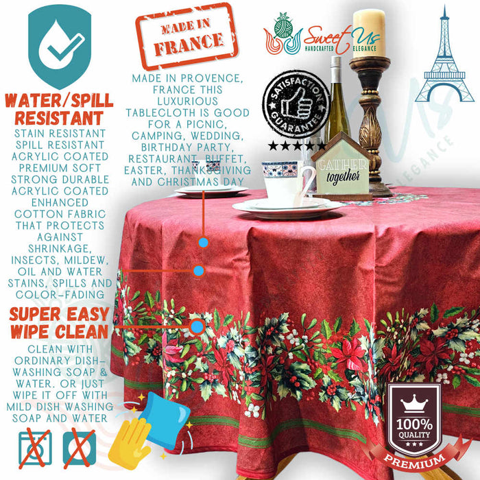 Guirlande d'Hiver Spill-Resistant Bordered Round Tablecloth — Rouge Cardinal - Sweet Us