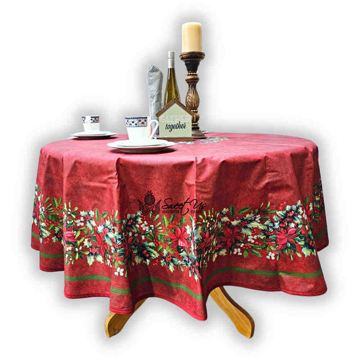 Guirlande d'Hiver Spill-Resistant Bordered Round Tablecloth — Rouge Cardinal - Sweet Us