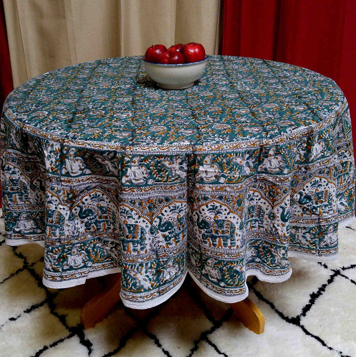Handmade 100% Cotton Hand Block Print Floral Tablecloth 72 Inch Round Green - Sweet Us