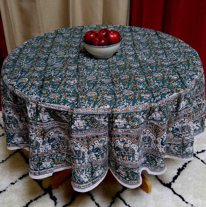Handmade 100% Cotton Hand Block Print Floral Tablecloth 72 Inch Round Green - Sweet Us