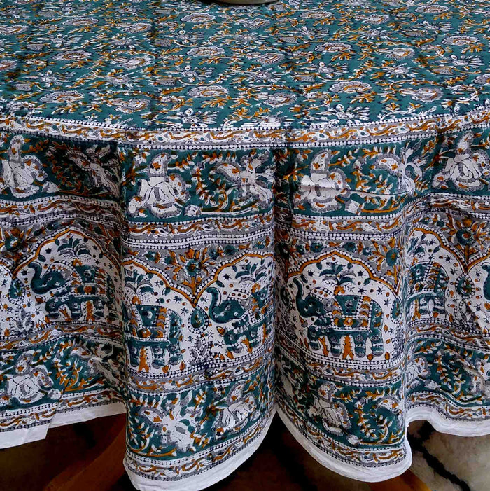 Handmade 100% Cotton Hand Block Print Floral Tablecloth 72 Inch Round Green - Sweet Us