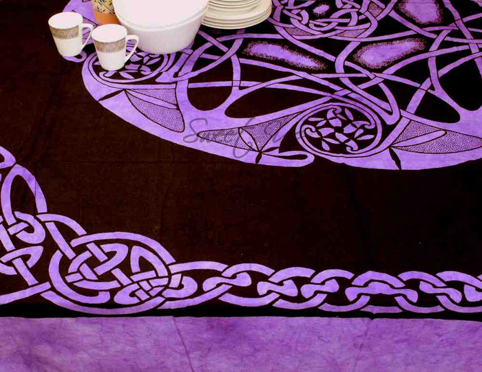 Heavy Cotton Celtic Wheel Tablecloth with Fringes Purple Black - Sweet Us