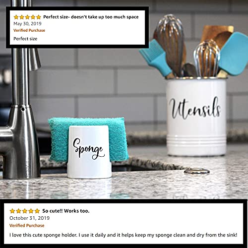 Home Acre Designs Sponge Holder for Kitchen Sink - Ceramic Porcelain Cup for Sponges - Rustic Farmhouse Decor - White
