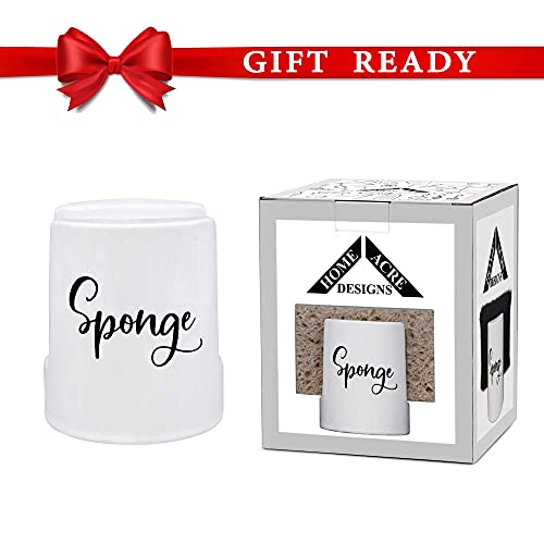 Home Acre Designs Sponge Holder for Kitchen Sink - Ceramic Porcelain Cup for Sponges - Rustic Farmhouse Decor - White