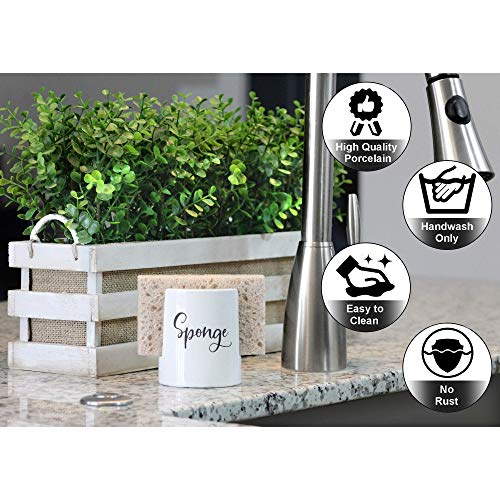 Home Acre Designs Sponge Holder for Kitchen Sink - Ceramic Porcelain Cup for Sponges - Rustic Farmhouse Decor - White