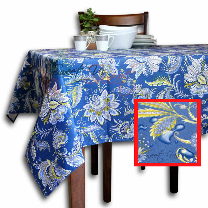 Wipeable Tablecloth Rectangle Spill Resistant French Acrylic Coated Floral Blue - Sweet Us