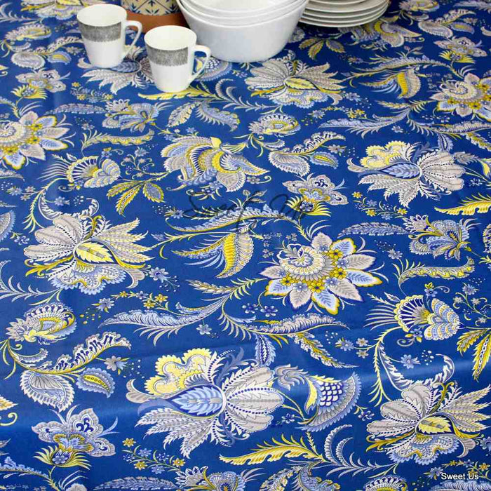 Wipeable Tablecloth Rectangle Spill Resistant French Acrylic Coated Floral Blue - Sweet Us