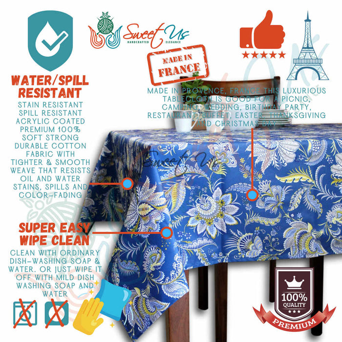 Wipeable Tablecloth Rectangle Spill Resistant French Acrylic Coated Floral Blue - Sweet Us